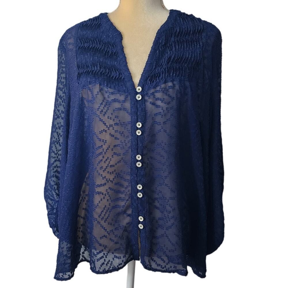 GNW Long Sleeve Blue Button Down Sheer Layering Blouse Size XL